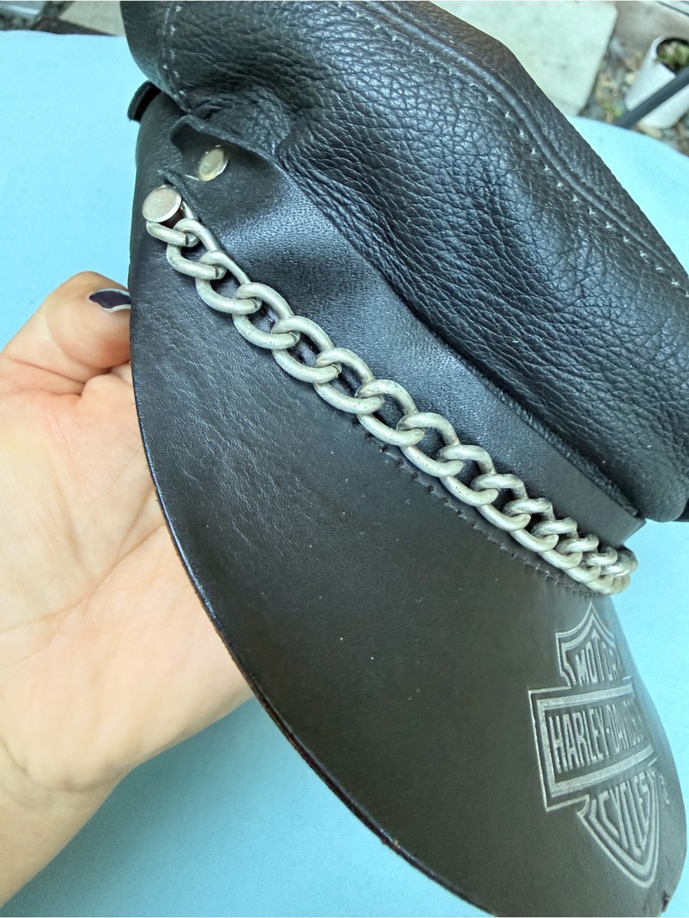 Vintage Harley-Davidson Black Leather Motorcycle Captain Hat Chain Cap Rare - Picture 5 of 6